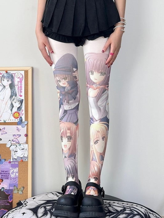 White Cartoon Girl Print Tights