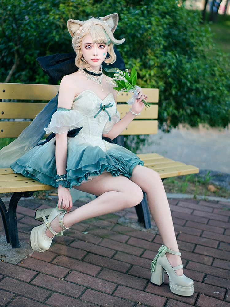 Light Green Detachable Bowknot Lily of the Valley Embroidery High Block Heel Platform Mary Janes