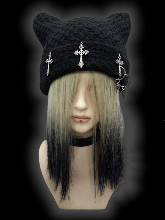 Y2K Black Cross Charms Studs Design Punk Cat Ears Beanie