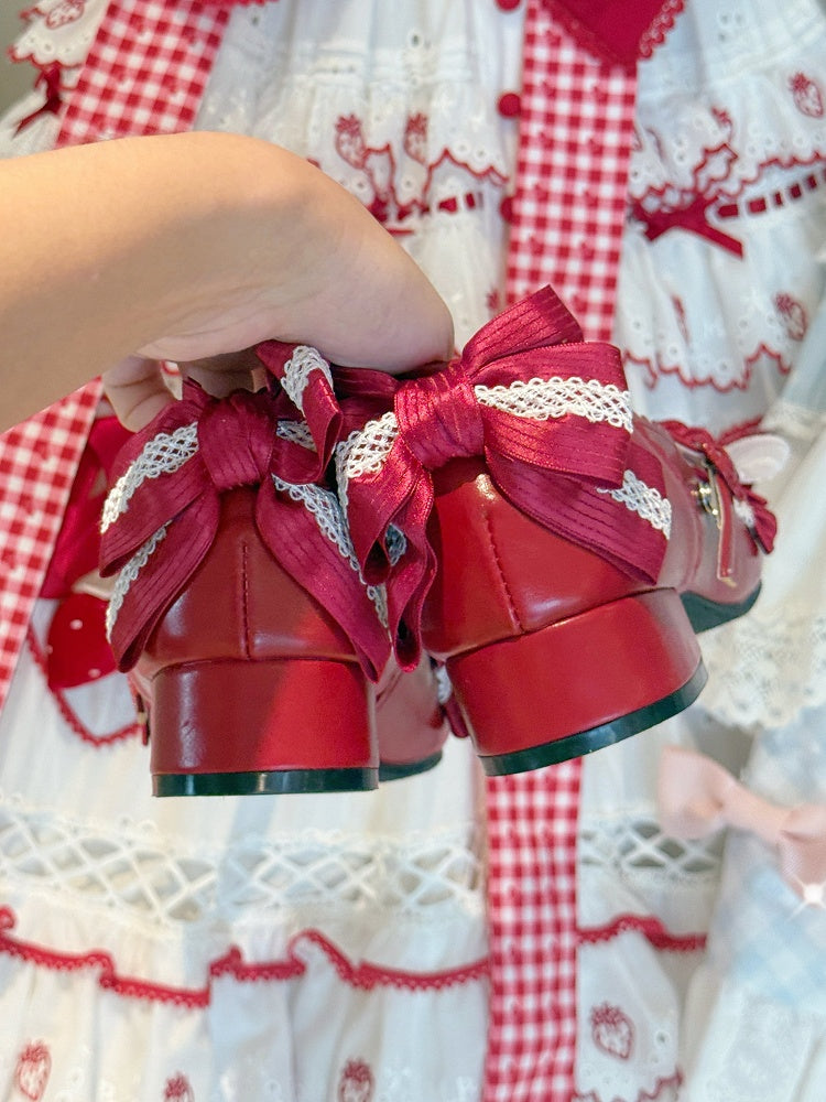 Low-heel Candy Red Mary Janes in PU - Sakura Details, Bow Decor & Flower Clasp