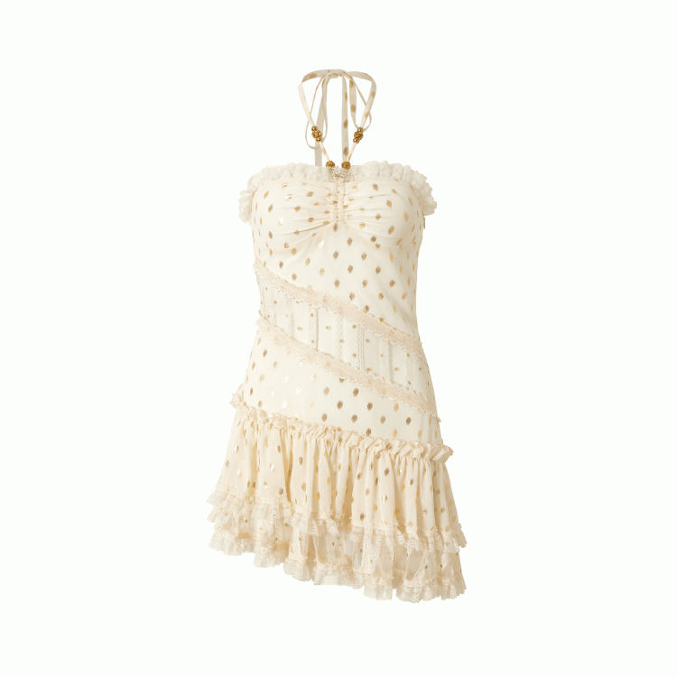 Beige/Black Halter Neck Lace Patches Waist Polka-dot Vintage Strapless Dress