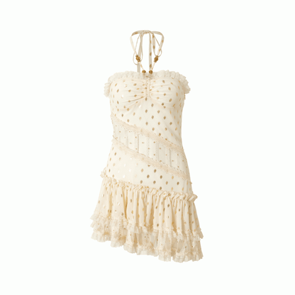 Beige/Black Halter Neck Lace Patches Waist Polka-dot Vintage Strapless Dress