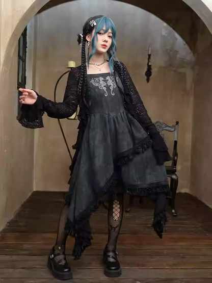 Seahorse and Coral Embroidery Asymmetrical Tassel Hem Black Cheongsam Style Cami Dress