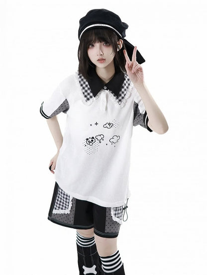 Black and White Plaid Patchwork Lace Trim Wide-leg Shorts