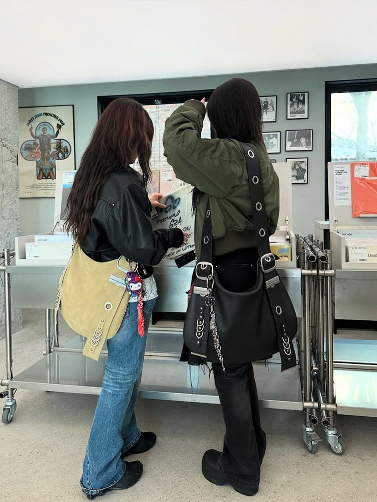 Chic Brown Punk Crescent Tote Bag With Adjustable Strap