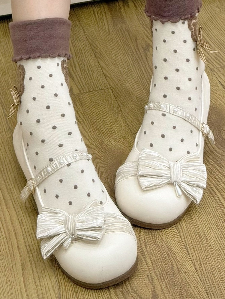 Creamy White Beaded Decorated Bow at Top Heart Buckle Round Toe Lolita Shoes