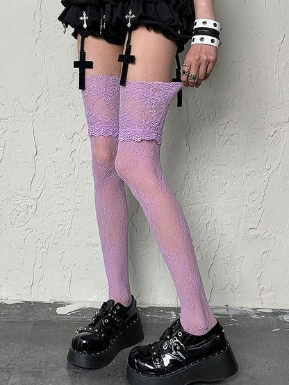 Light Purple Floral Pattern Lace Trim Y2K Overknee Stockings