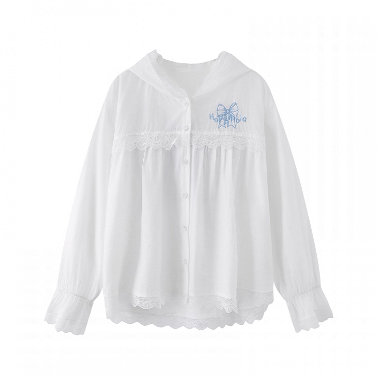 Blue Bowknot Embroidery White Lace Trim Front Button Placket Hooded Jacket