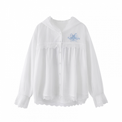 Blue Bowknot Embroidery White Lace Trim Front Button Placket Hooded Jacket