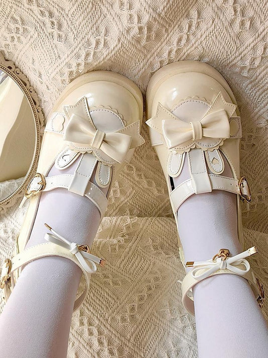 Yellow Sweet Lolita Heart Details Bunny Ear Bow at Top T-strap Platforms