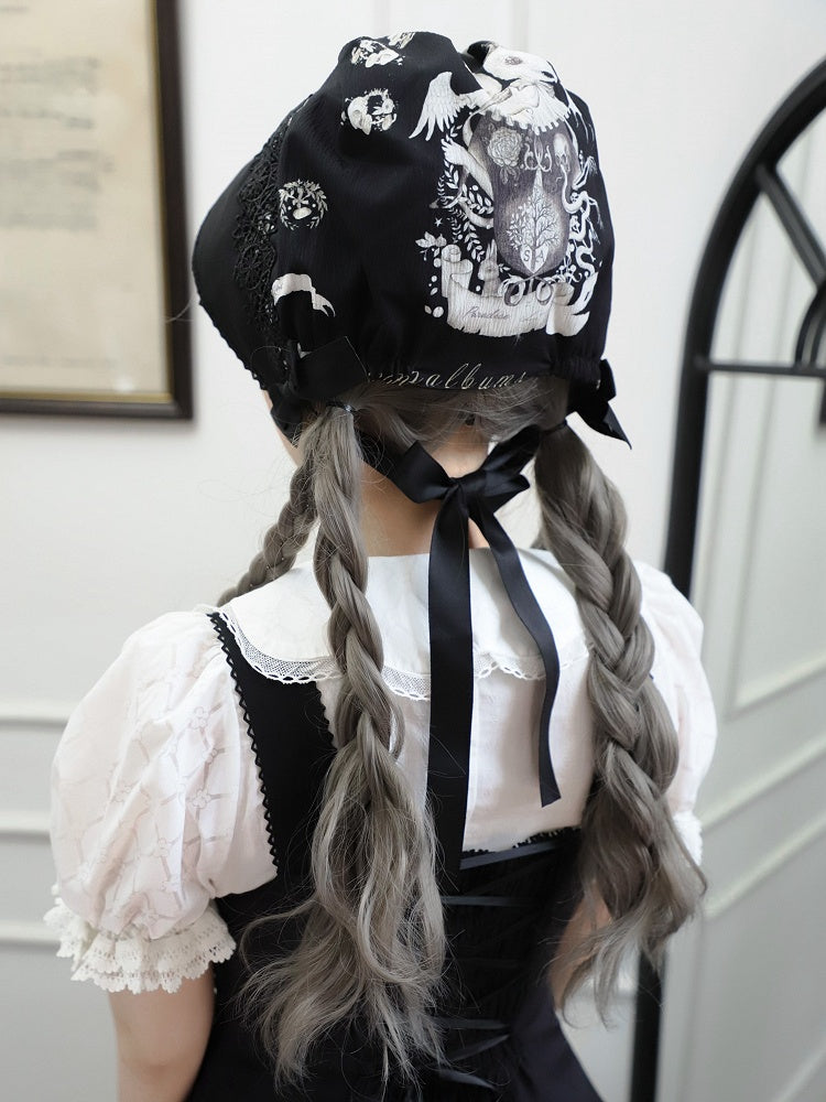 Bunny Print Black Dark Lolita Bonnet