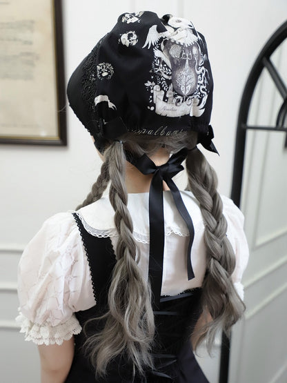 Bunny Print Black Dark Lolita Bonnet