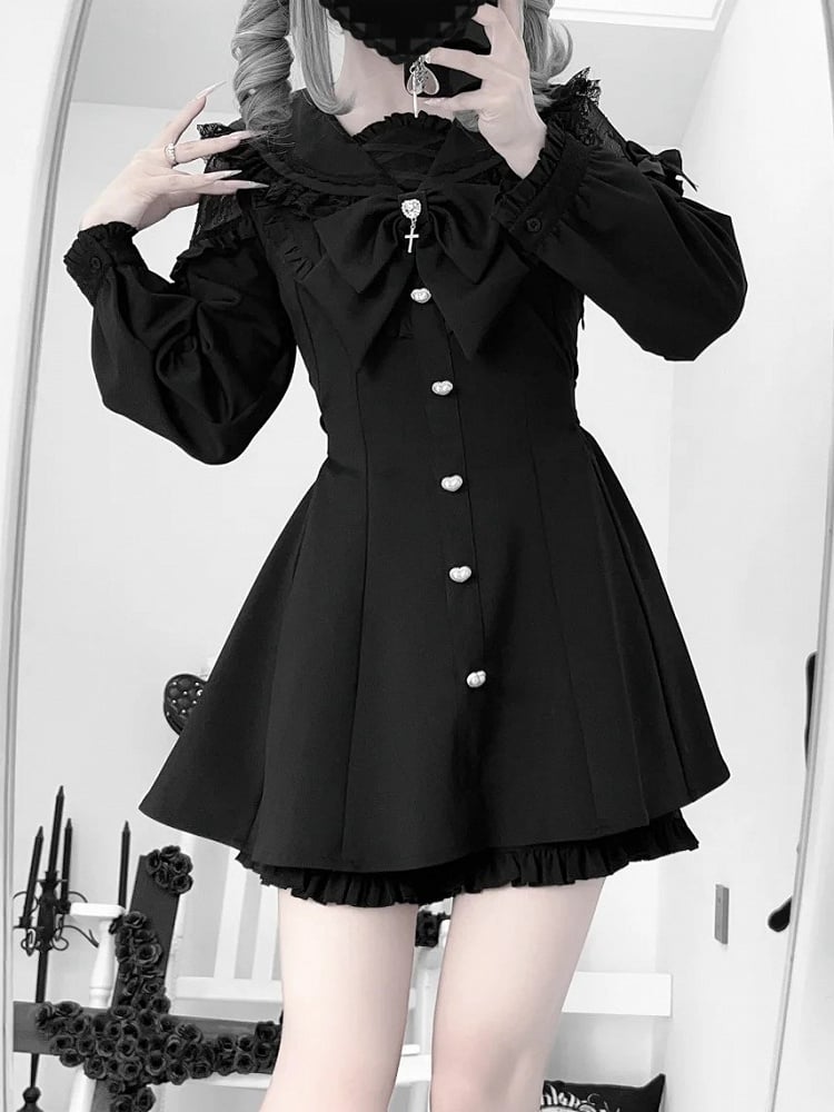 Black Jirai Kei Set - Sailer Collar Sweetheart Buttons Long Sleeves Top + Shorts + Bow Tie