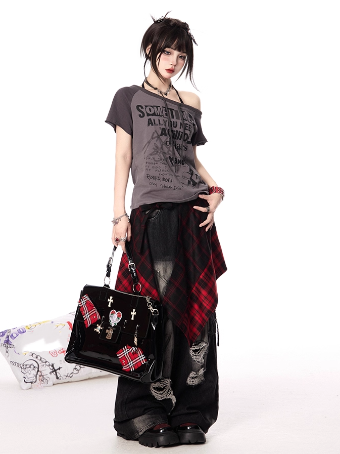 Self-tie Asymmetrical Neckline Gray/Apricot Colorblock Design Graphic T-shirt