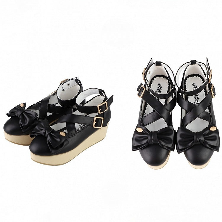 Sweet Black Lolita Mary Janes in PU - Wood Grain Sole with Crisscross Design & Bow Accents