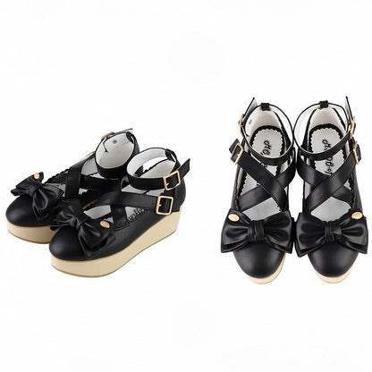 Sweet Black Lolita Mary Janes in PU - Wood Grain Sole with Crisscross Design & Bow Accents