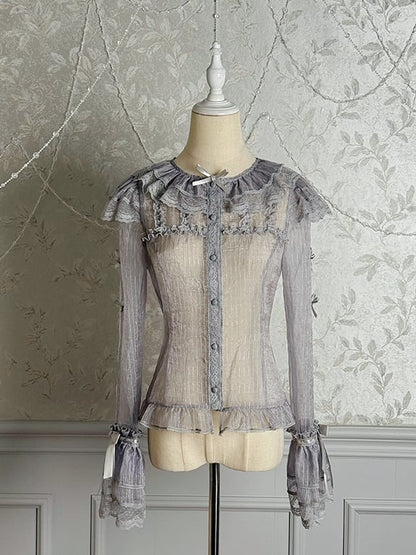 Silver Gray Semi-sheer Bowknots Long Sleeves Blouse
