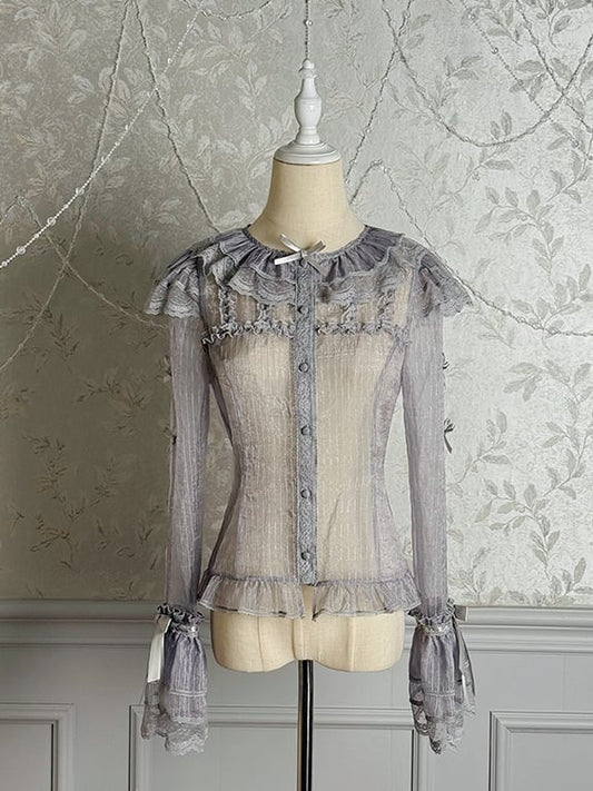 Silver Gray Semi-sheer Bowknots Long Sleeves Blouse