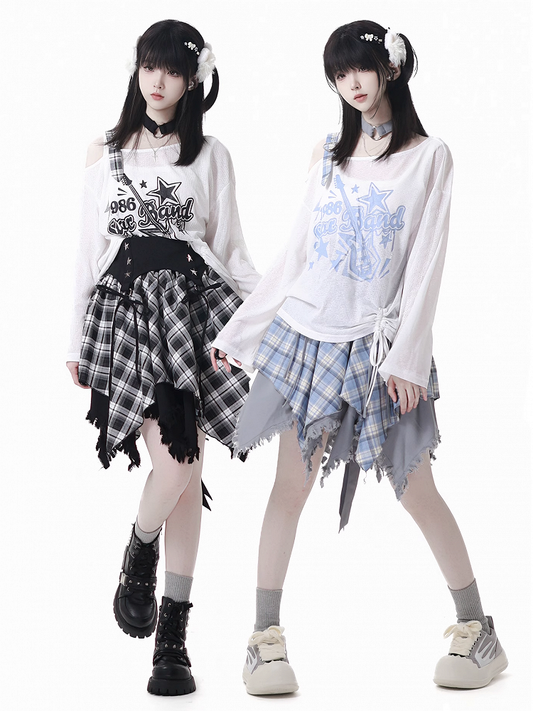 Frayed Handkerchief Hem Blue & White /Black & White Plaid Skirt