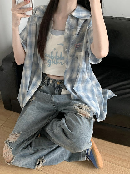 Blue Low Rise Distressed Holes Straight-leg Jeans with Free Charm