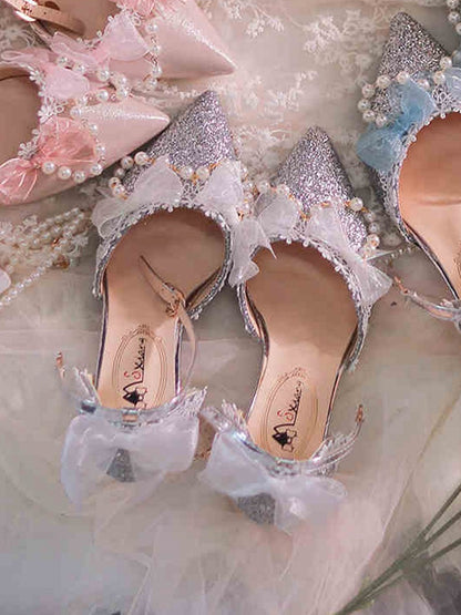 Silver & White Beaded Chain Pointed Toe Hime Lolita Middle Heels