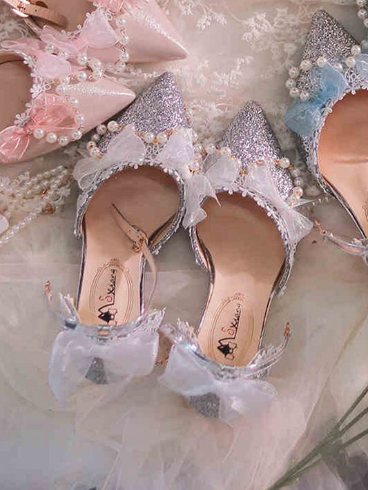 Silver & White Beaded Chain Pointed Toe Hime Lolita Middle Heels