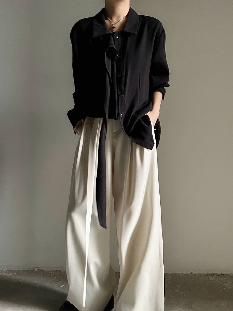 Ouji Lolita Black Retro Loose Pointed Collar Shirt with Long Draping Ribbon