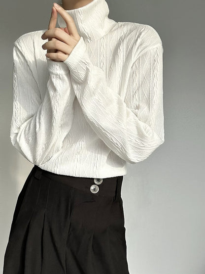 Ouji Lolita Beige Ribbed Long-Sleeve Cable Knit Top with Turtleneck