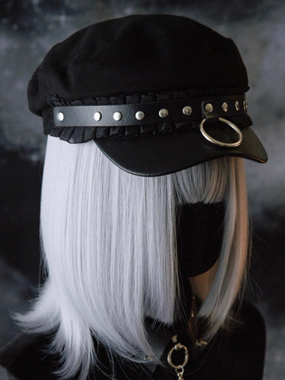 Black Gothic Studs Details Ruffled Trim Beret Hat