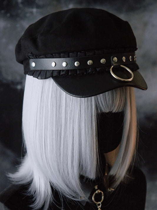 Black Gothic Studs Details Ruffled Trim Beret Hat