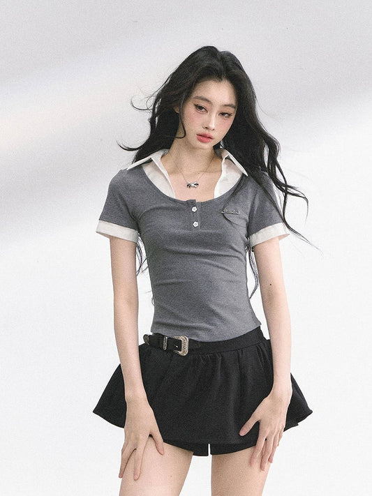 Gray and White Partial Floral Button Placket Faux Two-pieces T-shirt