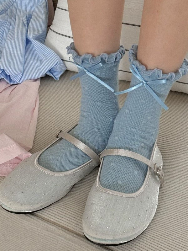 White/Black/Pink/Blue/Yellow Bowknot Details Polka-dot Pattern Ruffled Cuffs Calf Socks