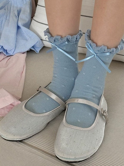 White/Black/Pink/Blue/Yellow Bowknot Details Polka-dot Pattern Ruffled Cuffs Calf Socks