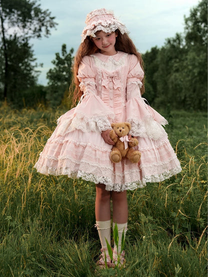 Baby Pink Lace Trims Cotton Dress Old School Lolita OP Full Set