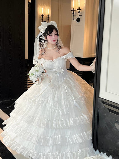 White Layered Ruffles Lace Shiro Lolita Dress with Bow Accents