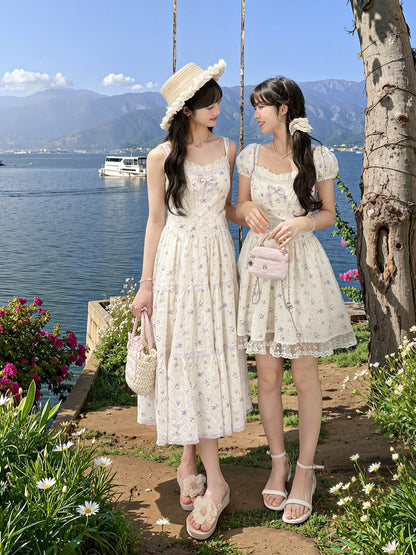 Beige Square Neckline and Short Puff Sleeves Mori Kei Floral Dress