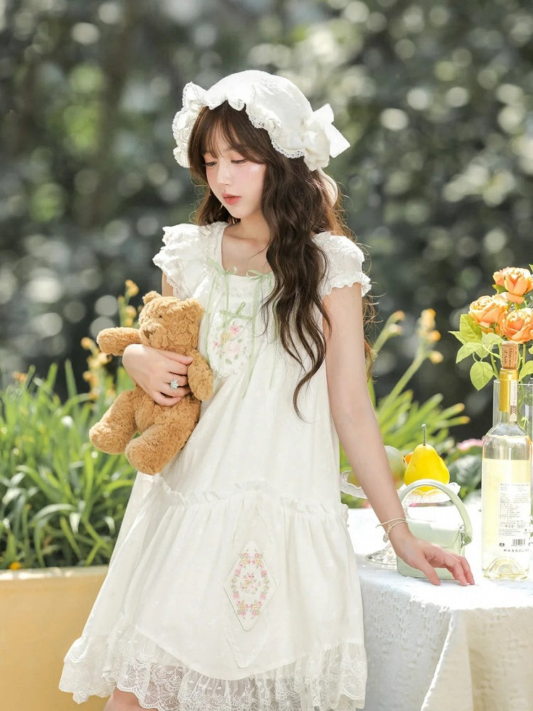 White Floral Embroidery Lace Trim Mori Kei Dress