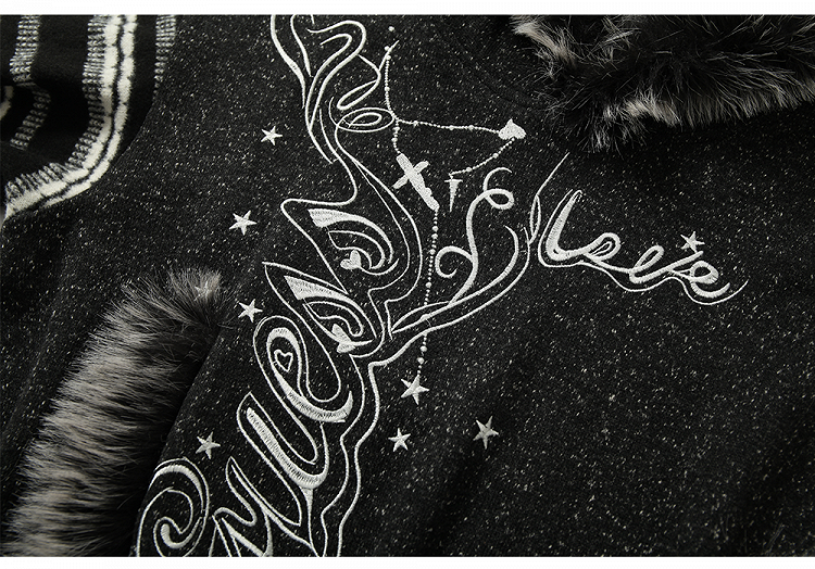 Gray&White/Black&White Plush Trim Striped Sleeves Hoodie