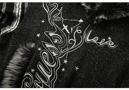 Gray&White/Black&White Plush Trim Striped Sleeves Hoodie