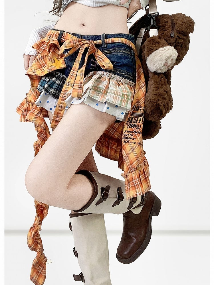 Blue Y2K Plaid And Polka-dot Pattern Shorts + Orange Plaid Pattern Letter Print Accessory