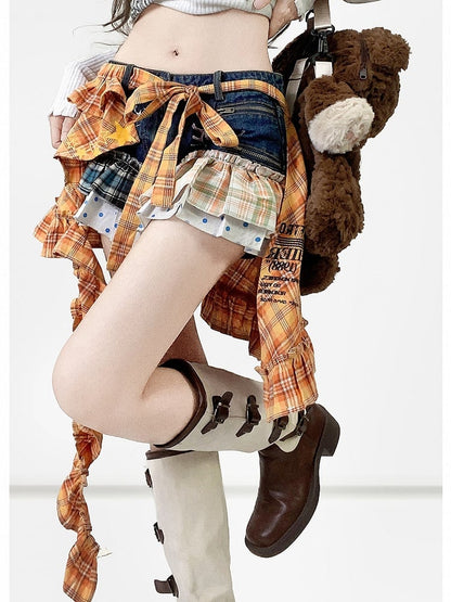 Blue Y2K Plaid And Polka-dot Pattern Shorts + Orange Plaid Pattern Letter Print Accessory