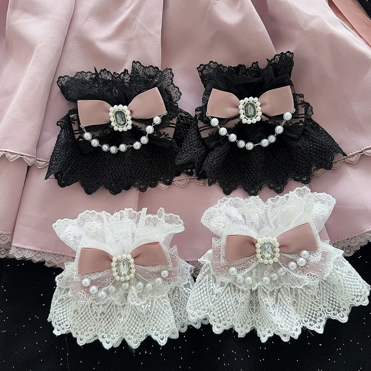 5 Color Options Beaded Charm Rhinestone Decorated Bowknot Lace Wrist Cuffs