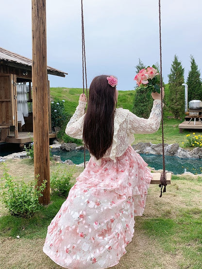 Plus Size Basque Waist Cascading Ruffle Pink Rosette Print Cami Dress High-low Skirt