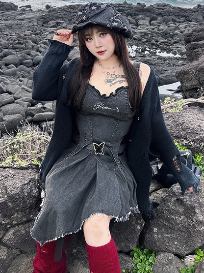 Plus Size Y2K Dark Grey Asymmetrical Hem High Waist Denim Skirt with Free Belts