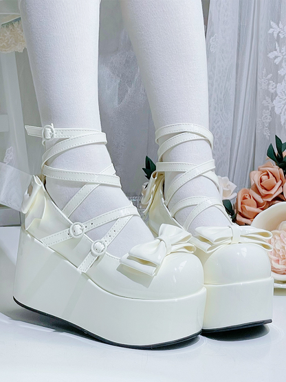 White Bowknot Buckle Straps Round Toe Platform Lolita Shoes