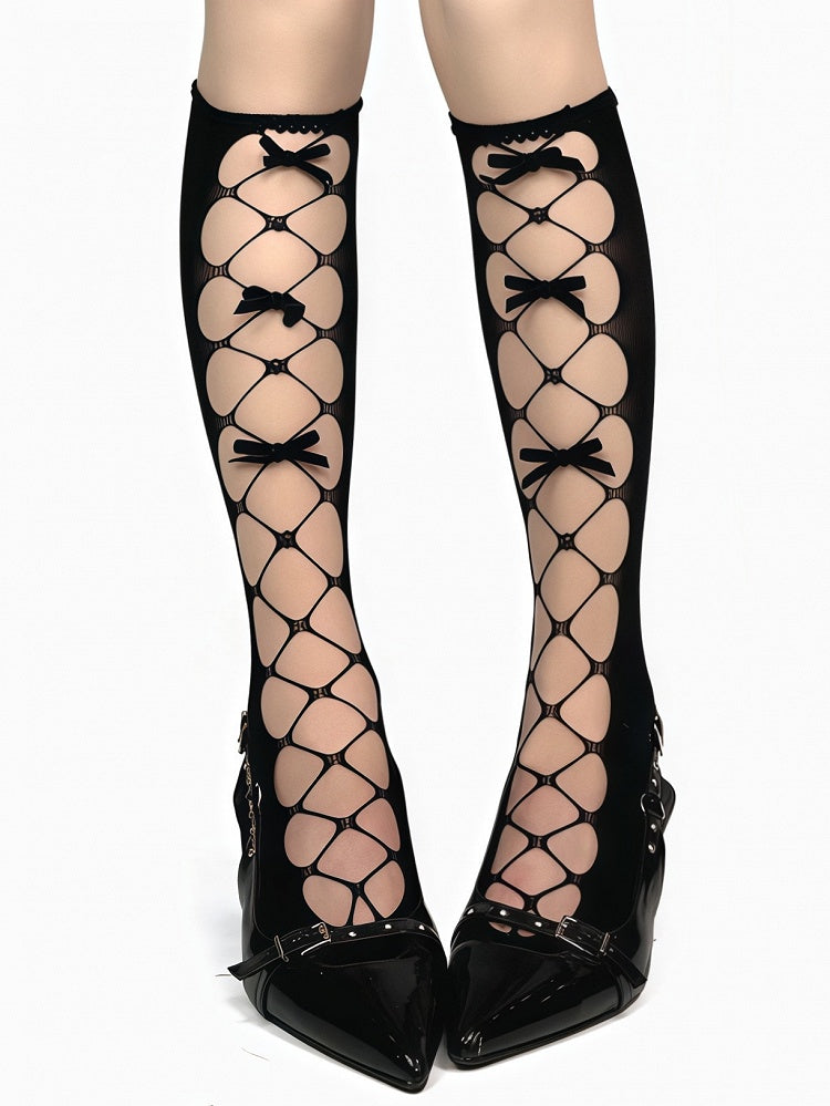 White/Black/Gray Bowknot Details Cutout Design Under-Knee Stockings
