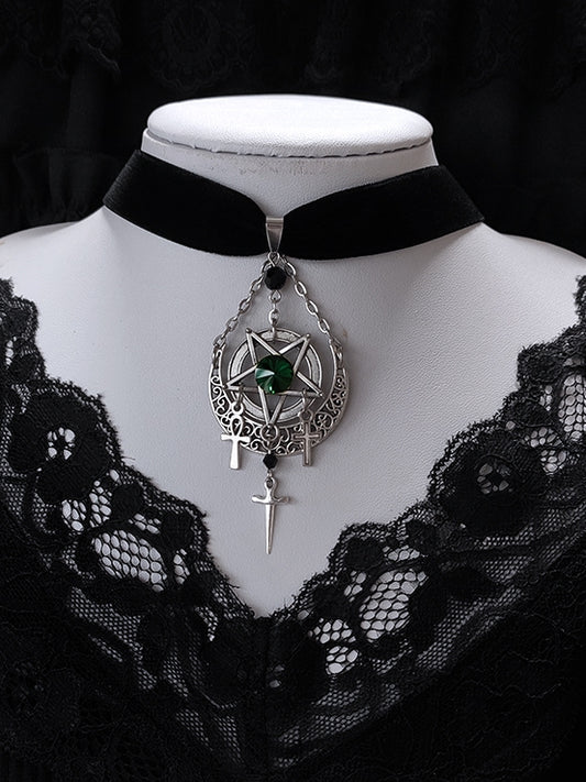 Gothic Pentagram and Crosses Black Punk Velvet Choker
