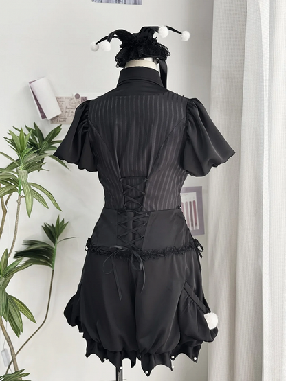 Circus Clown Vibes Ouji Lolita Outfit - Black Pointed Collar Shirt + Bloomer Shorts + Garters
