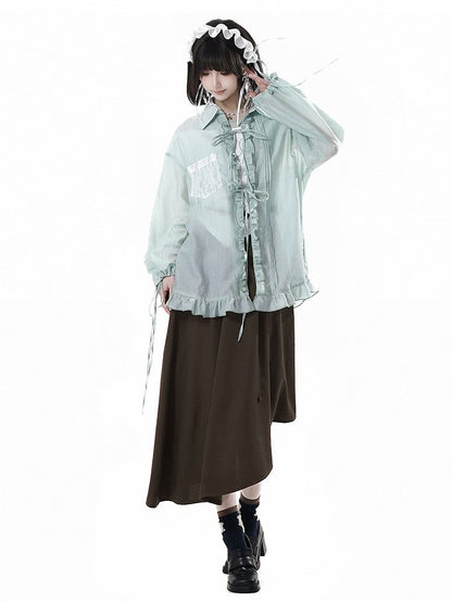 Brown Elastic Waist Asymmetrical Hem Floral Decorated Skirt