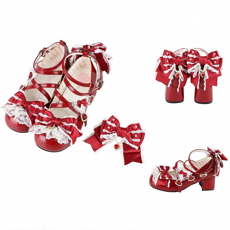 Red Sweet Lolita Bowknot Details Crisscross Design Heart Buckle Straps 2CM/5CM Block Heels Shoes